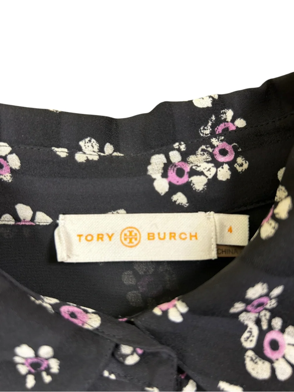 TORY‎ BURCH Avery Silk Floral Mini Shirt Dress Black Pink Size 4 Preppy Resort